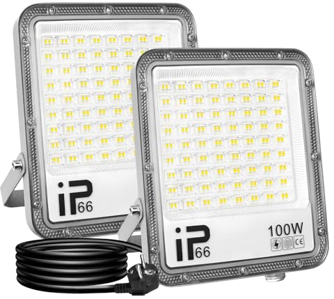 SKYWORLD 2x 100W Focos Led Exterior, 10000LM Foco Proyector Led con Enchufe | 6000K Blanco Frío, IP66 Impermeable, Iluminación de Seguridad, Floodlight para Jardín Garaje Patio Entrada Terraza Plaza Casa