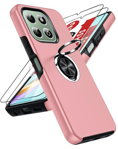 LeYi for Honor X6b 4G Phone Case with 2 Tempered Glass Screen Protector and Invisible Phone Ring Holder, Shockproof Protective Cover for Honour X6b 4G - Pink