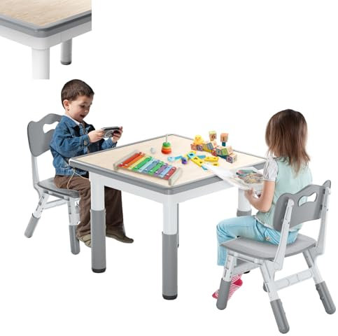 LARS360 Barnmöbelset, justerbart barnbord med 2 stolar, HDPE & ABS, multifunktionell sittgrupp för barn från 2 år, Grå, 60 x 60 cm