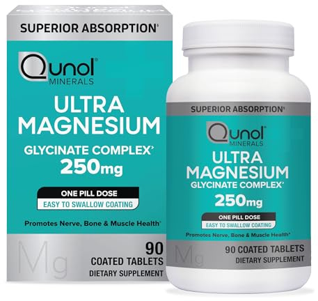 Qunol Magnesium Glycinate Complex, Gentle on Stomach, 250mg One Pill Dose, Superior-Absorption Magnesium, Nerve, Bone and Muscle Health Supplement, 90 Count (Pack of 1)