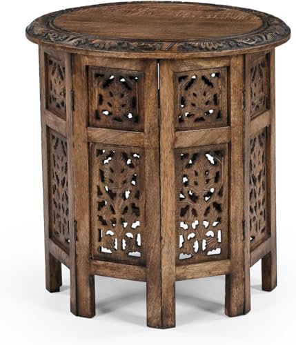 iAnanas Handgeschnitzter runder Beistelltisch mit orientalischer Mangoholz rustikaler Vintage Look ideal als Dekoration Nachttisch Wohnzimmer stabil & langlebig künstlerische Schnitzmuster 45x45x45cm