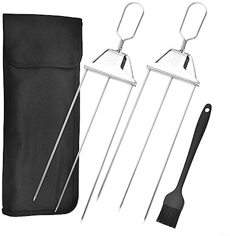 Brochettes robustes à 3 broches, brochettes en métal, parfaites pour divers aliments (2 pièces + brosse)