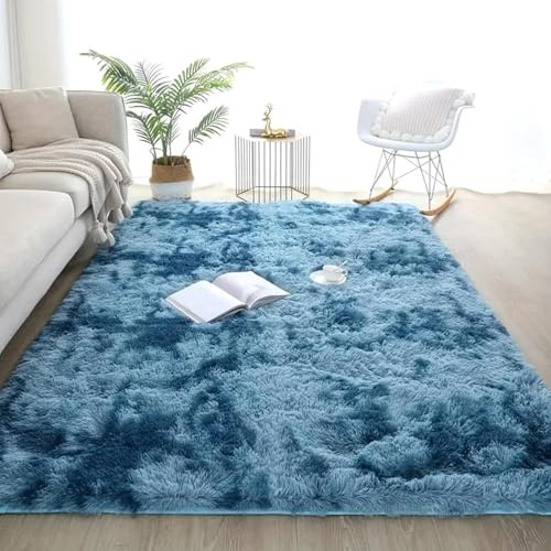 AIMECO Dunkelblau Tie-Dye Hochflor Teppich160X250cm | Flauschig Anti-Rutsch Weicher Teppich, Skandinavischer Stil, Ideal für Wohnzimmer & Kinderzimmer
