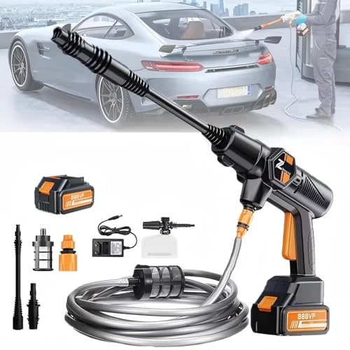 Batteridriven högtryckstvätt med 21 V batterier, max 100 bar mobil högtryckstvätt, 5 m slang, skummugg, bärbar högtryckstvätt för bil, terrass, fönster, gräsmatta (med 1 x 6 000 mAh batterier)