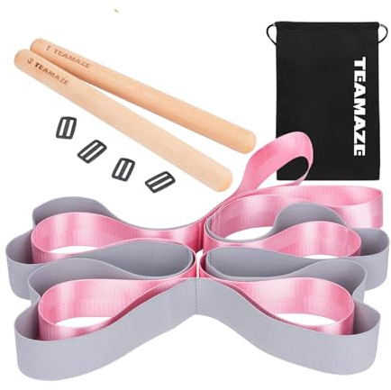 Boosteady Yoga Stretching Strap with 8 Loops & 2 Massage Sticks – Elastic Fitness Band for Stretching, Flexibility Training&Muscle Relaxation,Stretch Strap Equipment for Leg Stretcher-Pink