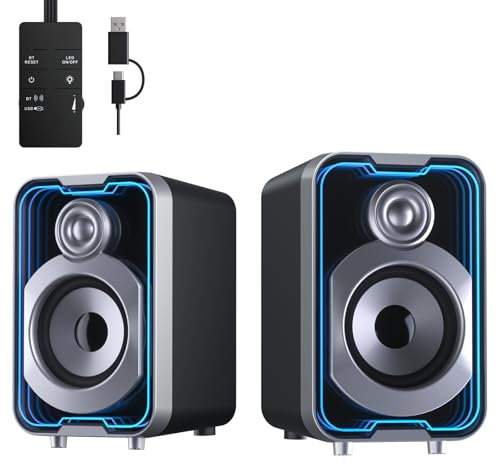 SOULION C40 Bluetooth PC Speakers for Desktop Computer, Laptop, Gaming, USB C&A Audio Input & Power, Colourful LED Lighting, Stereo 2.0, Stylish Modern Sound Box, 1 Pair