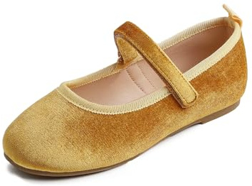 Feversole Girls Cute Dress,Ragazze Mary Jane Strap Scarpe Basse Ballerine da Principessa Scarpe da Scuola Piatte Giallo Velvet 29 EU
