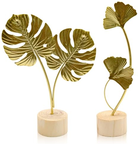 Fahibin 2Pcs Ginkgo Leaf Statue, Metal Leaves Gold Ornaments Sculptures, Gold Ginkgo Leaf Desktop Decoration Sculpture for Office, Bedroom, Bookshelf