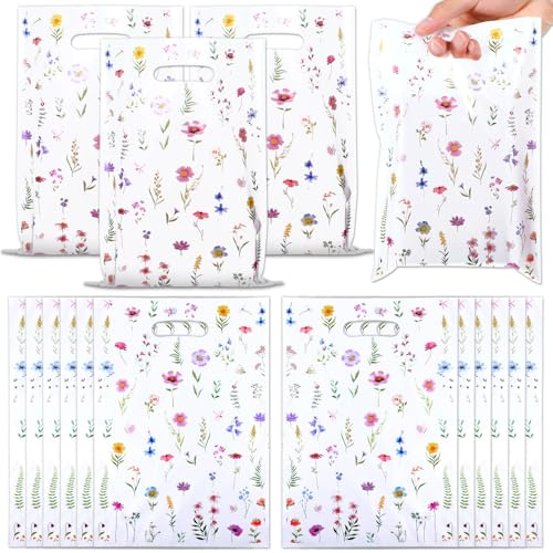 HJZHII 50 Stücke Wildblumen Geschenktüten aus Kunststoff, Klein Blumen Muster Geschenktüten Hochzeit Party Mitgebsel Tüten für Kindergeburtstag Geburtstag Babydusche Partytüten