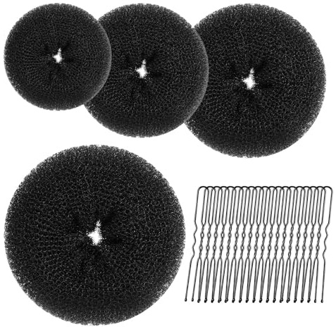 Set de chignons donut Funalix, 4 pièces de chignon donut, 20 pièces de clips en U, accessoire capillaire pour femmes, filles et danseuses (Noir)