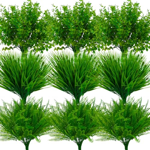 Lanswood 18 Bundles Artificial Plants Outdoor Fake Garden Plants Plastic Greenery UV Resistant Faux Shrub Bushes Boston Fern indoor Plant for Window Box Planter Hanging Basket Home Garden Decorating