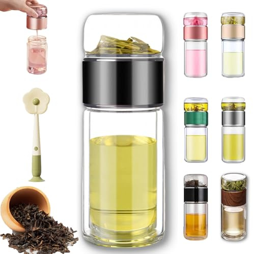 Teava 3-in-1 Smart Tee-Infuser, Tryteava Glas-Infuser, Tragbarer Glas-Doppelwand-Tee-Infuser, Tee- und Wasser-Trennbecher mit Sieb für leicht, auslaufsicher (Schwarz, 280 ml)