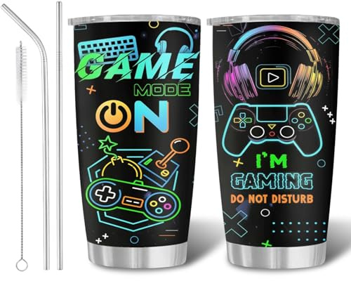 Boys Travel Mug 20oz, Gamer Cup with Straw and Lid, Insulated gaming cups, Gamer Gifts for Boys, Stainless Steel Coffee Travel Mugs for Ice Drinks, Ice Storage, Gaming Gifts for Kids Teenage Home
