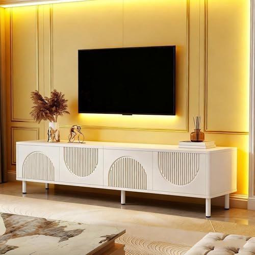 Mueble bajo para TV de 180 cm de ancho con espacio de almacenamiento, moderno tablero multimedia en diseño minimalista con superficie mate y gestión de cables integrada - Para salón