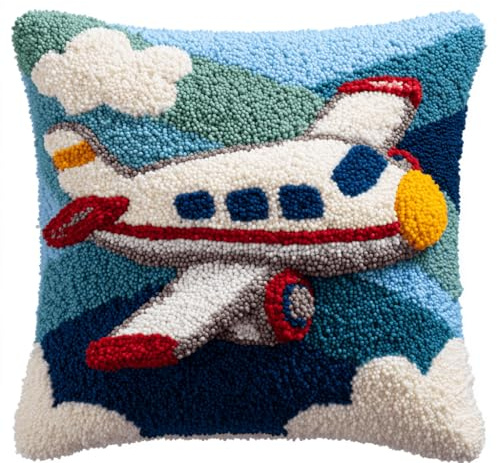 Kitquiver Knüpfhaken Kissen Kits Für Kinder,Flugzeug Diy Knüpfteppich Zum Selber Knüpf-Sets Kissenbezug Teppich Stickerei Set,Latch Hook Kits 43X43Cm