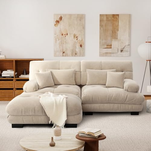 SoarFlash modernes L-förmiges 2-Sitzer-Sofa für Wohnzimmer, Chenille-Stoff, Massivholzrahmen, mit Armlehnen, Hellbeige, Maße 145×220 cm