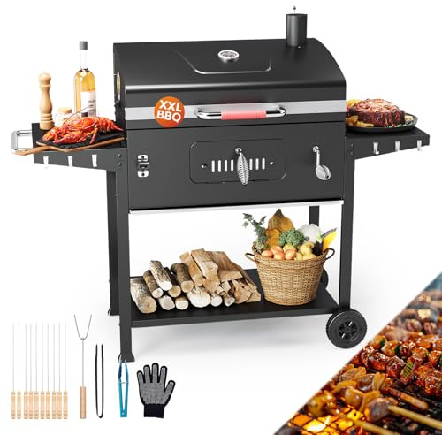 TRIUMPHKEY Grillwagen Smoker Holzkohlegrill XXL, Barbecue grill inklusive 71 × 43 cm Edelstahl Grillwagen für Outdoor Garten, Camping BBQ Smoker