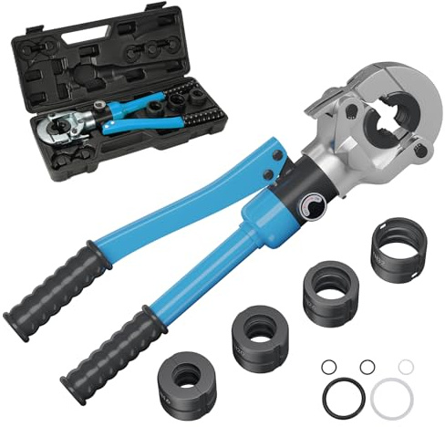Pince à sertir Hydraulique, Cuivre pour Tuyau de Plomberie, 10T, Sertissage Douille Pressage Cisaille Outil Professionnel, 4 Pièces Taille des Mâchoires 16, 20, 26, 32 mm, 360° (Bleu)