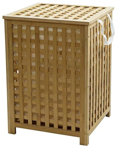 Gr8 Home Bamboo Laundry Basket 120L with Lid and Removable Liner, Large Clothes Hamper Bin, Ventilated Slatted Design, Natural, 45x45x62cm