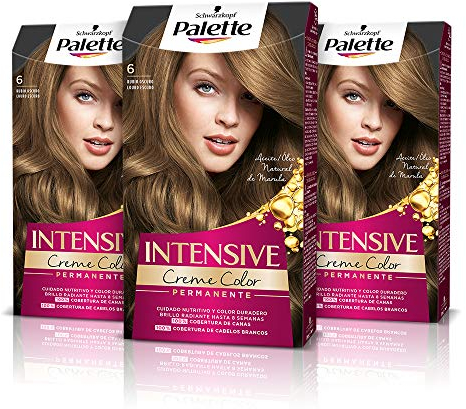 Palette Intensive Creme Color 6-0 Rubio Oscuro, tinte de pelo permanente con aceite de macadamia y almendras, cubre el 100% de las canas y raíces, para un color radiante, Pack 3