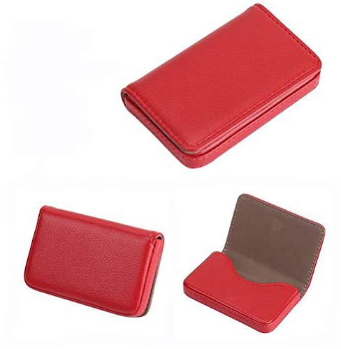 Flybloom Visitenkartenetui aus PU-Leder für Damen und Herren, Schlüsselanhänger, Kartenhalter, Tasche mit Knopf-Design (rot)