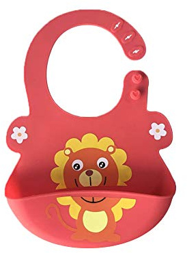 Treer Verstellbare Silikon Baby Lätzchen, Wiederverwendbar Weich Wasserdicht lätzchen mit Auffangschale Leicht zu Reinigen - BPA Frei & Spülmaschinenfest Abwaschbar (30x16cm,Roter Löwe)