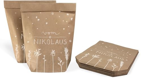 Eine der Guten Nikolaustüten, Geschenktüten Set - vom Nikolaus, 12 bedruckte Kraftpapiertüten als Geschenkverpackung für Nikolausgeschenke, Mitgebsel & Giveaways, 14 x 22 cm