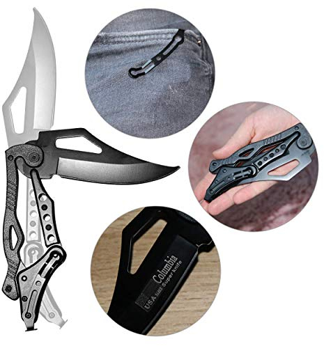 Columbia Tactical Klappmesser mit Spezial Mechanismus und Holster - Edelstahl Military Camouflage Jagdmesser Messer Schwarz - Taschenmesser Zweihandmesser Angel Messer Outdoor Camping Ausrüstung