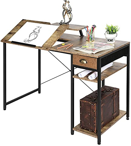 X-cosrack Drafting Table with Storage Shelves & Drawer, 43 Adjustable Art Desk with Monitor Stand for Home Office Computer, Tiltable Draft Drawing Table for Artist, Study, Writing Workstation