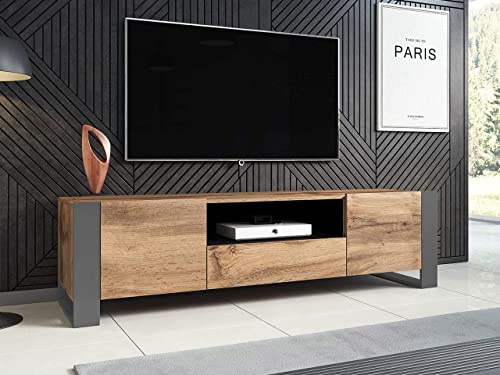 Tendencio WODD Meuble TV Bas en chêne Anthracite et Pieds Gris 180 cm. Style Industriel