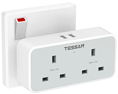 TESSAN Double Plug Adapter UK with 2 USB, 2 Way Multi Plugs Extension Socket, 13A UK Dual Surge Protected Wall Charger Power Adaptor for Home, Office, Kitchen, School Supplies