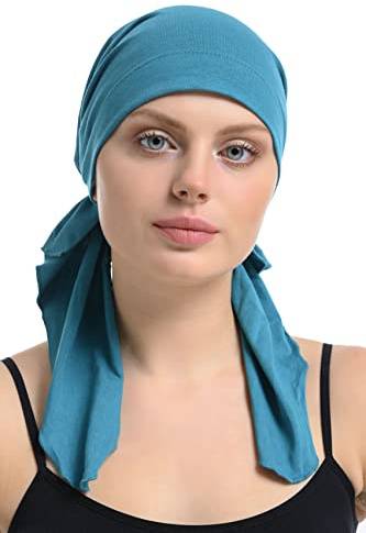 Bamboo and Cotton Chemo Headwear Hair Loss Fitted Pre-Tied Bandana (Teal)
