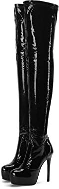 Frankie Hsu Botas de tacón alto con plataforma de aguja sobre la rodilla, botas de tacón alto de gatito negro, botas de muslo, zapatos de tacón alto ajustados de charol para mujer, Negro -, 35.5 EU