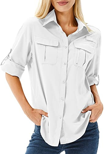 Toumett Women's UPF 50 Long Sleeve UV Sun Protection Safari Shirts Outdoor Quick Dry Fishing Hiking Travel Shirts(5071,White01,L)