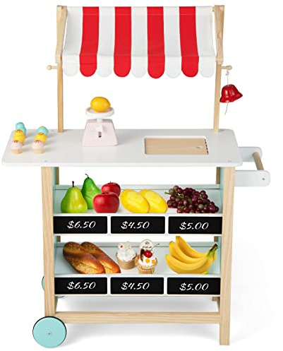 COSTWAY Carrito de Helados de Madera para Niños, Supermercado para Niños con 6 Helados Juguete, Báscula con Forma de A, Timbre, Toldo de Tejido, Tenderete del Mercado para Niños 3+ Años (Rojo)