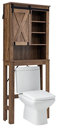 COSTWAY Armario de Almacenamiento sobre el Inodoro, Estantería Independiente con Puerta Deslizante & Estantes Ajustables de 3 Niveles, Mueble de Baño Multifuncional para Inodoros & Lavadoras, Marrón