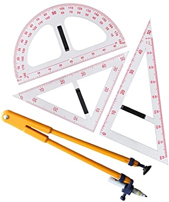 perfk Lehrlineal-Set, Messwerkzeug, mit abnehmbarem Griff, Lehrwerkzeug, Kompass-Winkelmesser, Lineal, Zeichnen zum Lernen an der weißen Tafel, Vierteiliges Set