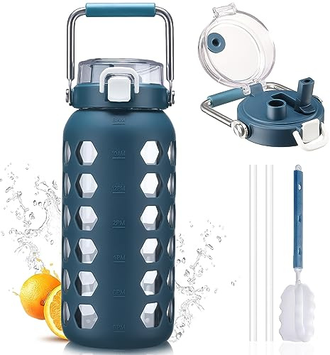 MUKOKO 64oz Glass Water Bottles with Straw and Lid,Half Gallon Water Bottle with Time Marker,Large Glass Water Jug with Silicone Sleeve and Stainless Steel Handle-Blue