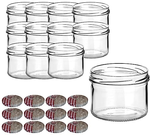 gouveo 12er Set Einmachgläser 230 ml rund mit Schraubdeckel Herz-rot - Vorratsgläser mit Drehverschluss TO82 - Marmeladengläser, Einkochgläser, Wurstgläser