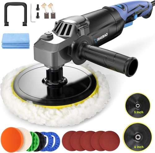 RAYBAO Buffer Polisher, Rotary Buffer 1200W, Car Buffing Kit with Speed 1600-3500RPM, 6inch/7inch Backing Plate, Buffer Polisher for Car Detailing