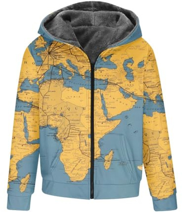 HOUKIG Männer Weltkarte Jacke mit Kapuze, Mit Fleece Gefüttert Lange Ärmel Zip Up Ethnischer Western Druck Sweatshirt, Cool Motorradbekleidung (Color : Jacket 1, Size : M)