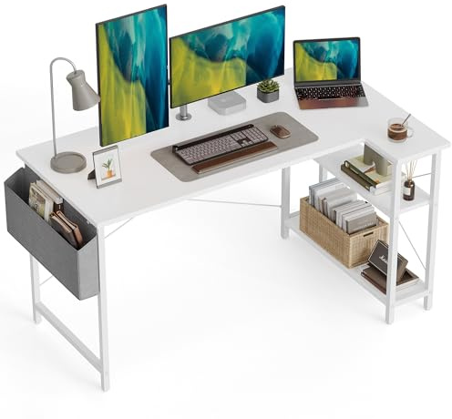 CubiCubi L Shaped Gaming Desk, 120x70 cm Computer Desk with Storage Bag, Office Desk Writing Table with Large Reversible Storage Shelves, Workstation for Study, Play, Work, Home Office, White