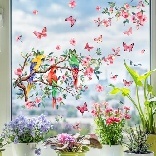 Runtoo Fensteraufkleber Blumen Papagei Fenster Wandtattoo Abziehbilder Baum Ast Vögel Fensterfolie Glas Fensterdeko Aufkleber