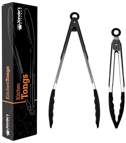 Xander's Kitchen Tongs for Cooking 9 & 12 Set of 2 Silicone Grip Non Stick Pasta Salad Frying BBQ Serving Meat