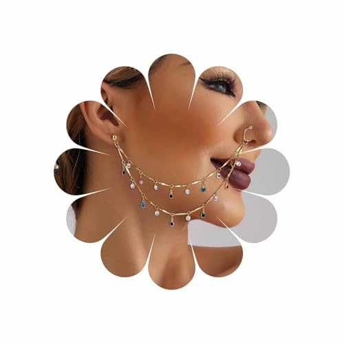 Wendalern Punk Faux Anneau De Nez Anneau De Cristal Coloré Anneaux De Nez Avec Houppe Chaîne Non Perforante Nez À L'oreille Bijoux Anneau De Nez Indien Clous Narine Accessoires Corps Pour Les Femmes