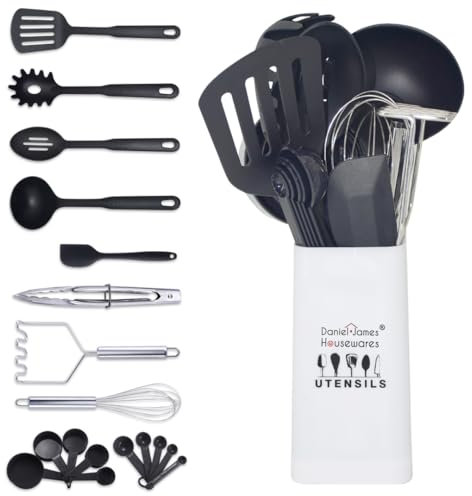 Daniel James Kitchen Utensil Set - 19 Piece Heat Resistant Cooking Tools and Gadgets with Utensil Holder - Black, Silver & White