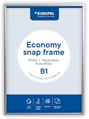 Europel Economy Klapprahmen, B1, Farbe Silber, 25x11mm Profil, eloxiertes Aluminium, Antireflexfolie, Plakate und Werbung, Hotel, Büro, Restaurant, Speisekarten, Für Posterformat 70,7x100 cm