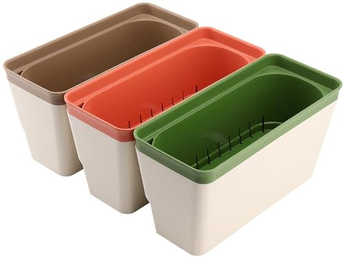 MAHIONG 3PCS Windowsill Herb Planter Box, Green, Orange, Brown Rectangle Herb Planter Indoor with Drainage Hole and Water Absorbent Strips, Self Double Layer Watering Plant Pots for Garden