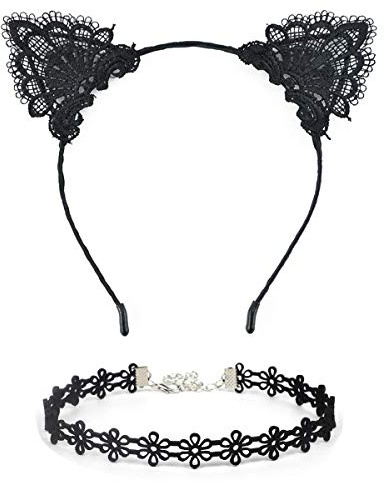 Serre Tête Oreille de Chat, 2 Pièces Bandeau à Oreilles de Chat avec Collier en Dentelle, Serre Tete Halloween Femme, Serre Tete pour Halloween, Carnaval, Anniversaire, Cosplay