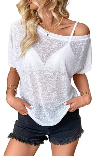 Hilinker Women's Plus Size Sheer Mesh Short Sleeve Top Sexy See Through T Shirt Off Shoulder Blouse 2X-Large White